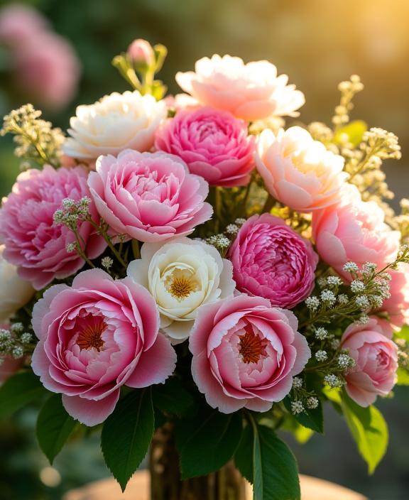 A lush arrangement of freshly bloomed peonies, fragrant garden roses, and vibrant greenery, capturing the essence of a warm summer day.