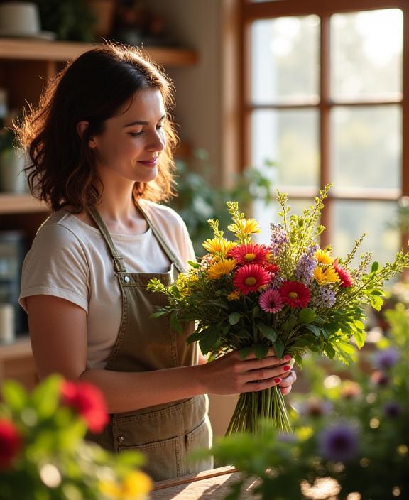 Founder of Harmony Hues carefully arranging a beautiful bouquet in a sunlit workshop, surrounded by fresh flowers and greenery.