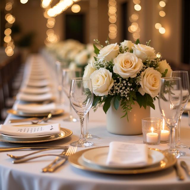 A beautifully decorated wedding reception table with floral centerpieces and musical note place cards, creating an elegant ambiance.
